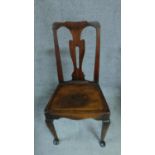 A pair of antique country oak hall chairs with solid seats on cabriole supports. H.96cm.