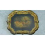 A Victorian hand painted papier mache tray with reclining ladies and two males in attendance. Gilded