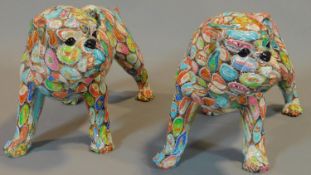 Two French Bulldog figures made from coloured bottle cap print polyresin with gloss finish. H.27cm