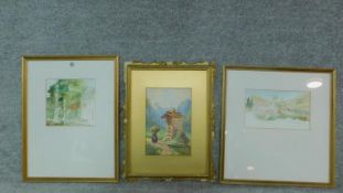Three watercolour paintings of landscapes H.55cm W.42cm