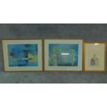 A framed and glazed architectural print and a pair of abstract paintings, signed. 85x102cm
