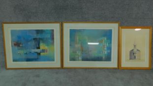 A framed and glazed architectural print and a pair of abstract paintings, signed. 85x102cm