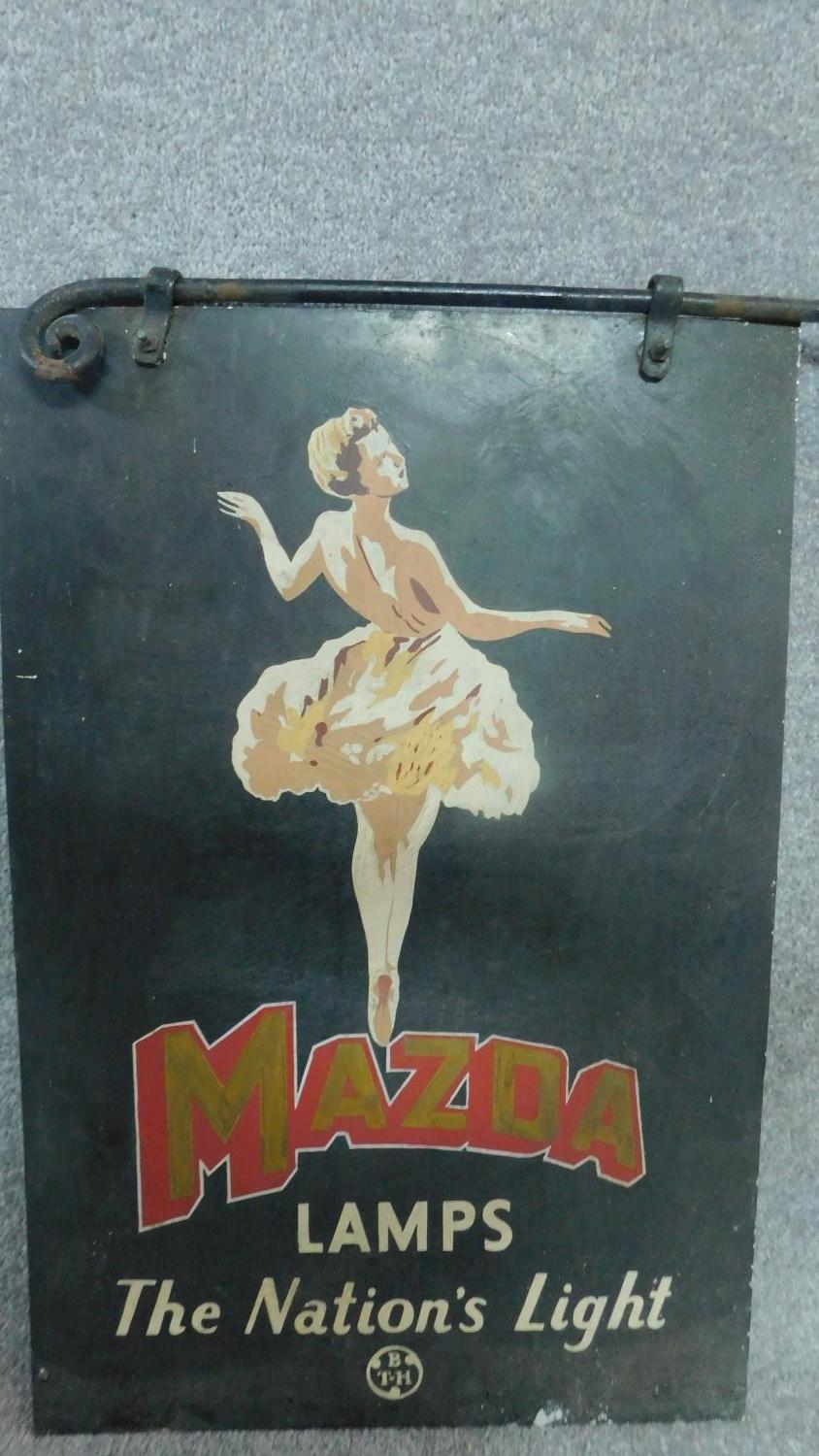 A vintage Mazda light bulb enamel sign, double sided with original hanging fixtures. H.62cm W.41cm - Image 4 of 5