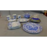 A blue and white porcelain tea set and an art pottery dish