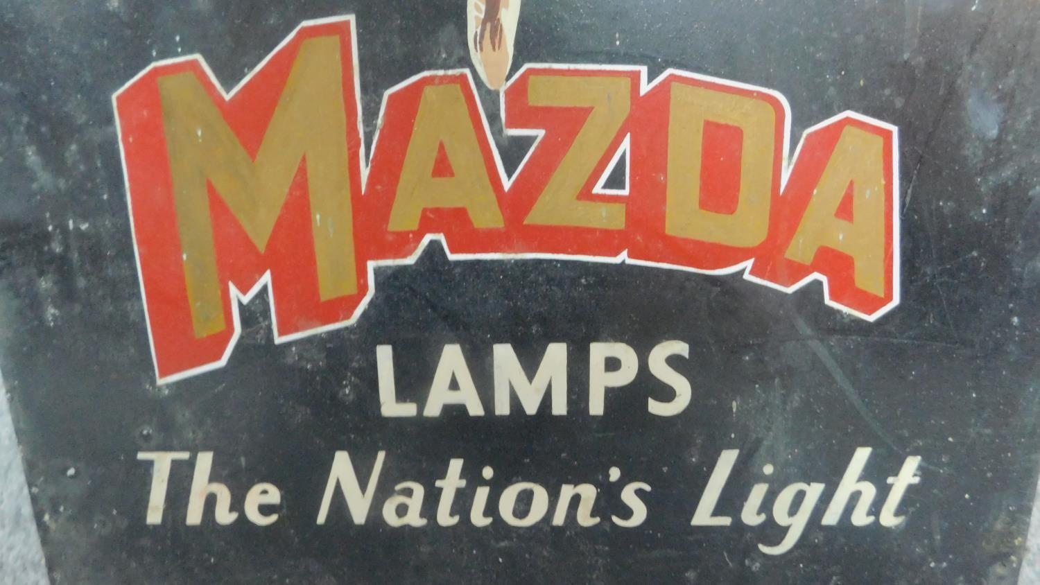 A vintage Mazda light bulb enamel sign, double sided with original hanging fixtures. H.62cm W.41cm - Image 3 of 5