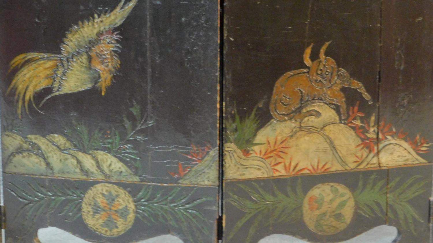 A large six panel screen with five hinged folds with painted and carved Japanese decoration - Image 8 of 14