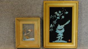 A gilt framed watercolour on glass of a kingfisher (some flaking) and a gilt framed Chinese relief