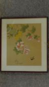 A framed and glazed Chinese watercolour on silk, butterfly and flowers, signed. 42x48cm