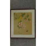 A framed and glazed Chinese watercolour on silk, butterfly and flowers, signed. 42x48cm