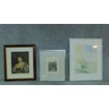Two prints and a signed lithograph. One of a portrait of a lady, dancer by a lake and a still life