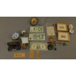 A collection of small items including, cased monocle and glasses, miniature water colours, enamel