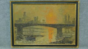 A large mid 20th century gilt and ebonised framed oil on board, Waterloo Bridge, signed D. L.