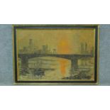 A large mid 20th century gilt and ebonised framed oil on board, Waterloo Bridge, signed D. L.