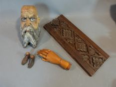 Collection of antique wooden items including, a wooden hand with articulated joints, a painted