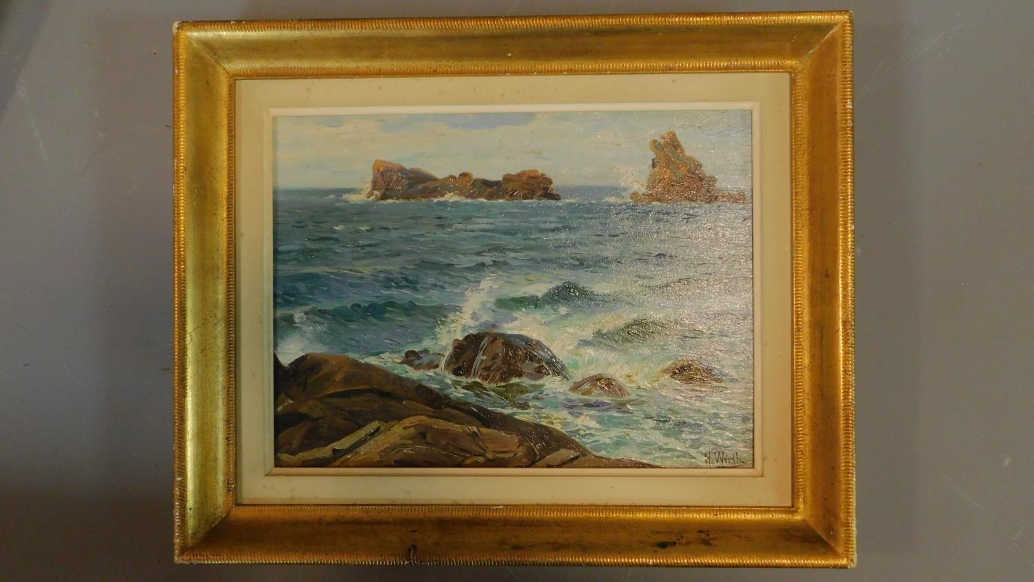 A gilt framed oil on board, seascape, signed H Wirth, inscription verso. 34x42cm