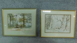 A pair of watercolours by William Dodd, one of trees and one of a fisherman by the river. Signed