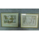 A pair of watercolours by William Dodd, one of trees and one of a fisherman by the river. Signed