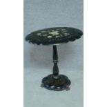 A late Victorian papier mache and mother of pearl inlaid shaped top occasional table on pedestal