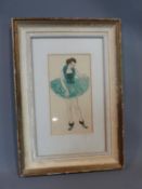 A framed original Art Deco watercolour of a ballet dancer in tutu with winged ballet shoes.