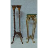 A vintage wrought metal jardiniere stand and a carved teak stand on barleytwist supports. H.102cm