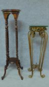 A vintage wrought metal jardiniere stand and a carved teak stand on barleytwist supports. H.102cm