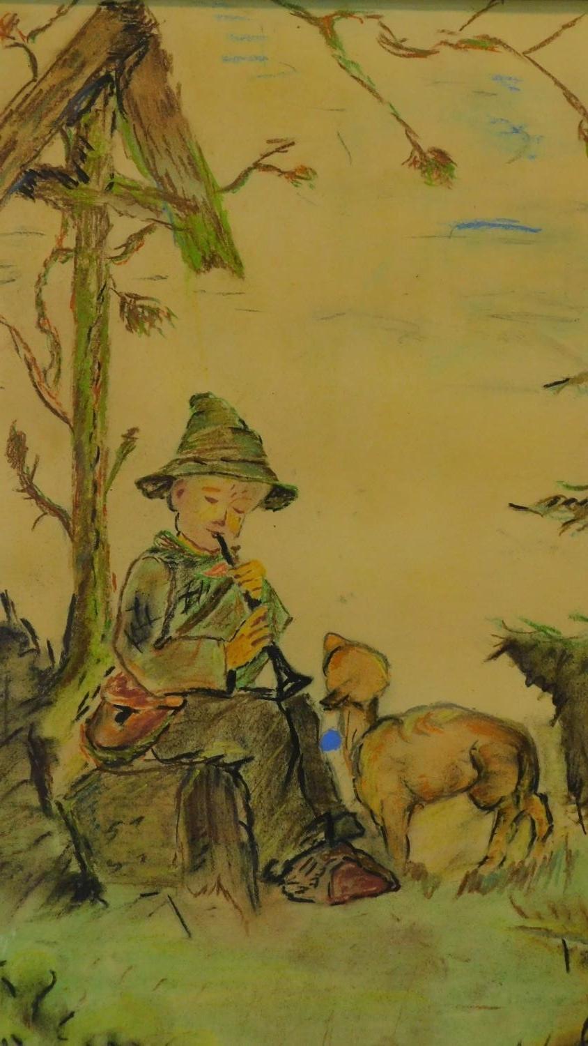 A pastel drawing, depicting a boy and a dog in a forest. By Rie Cramer (1887-1997). 64x52cm - Image 2 of 4