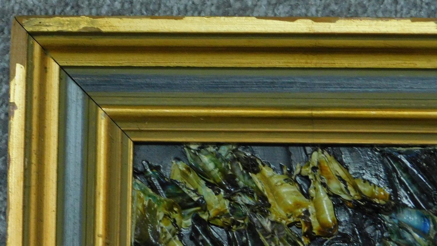 An impasto landscape on board of a bridge over a river, signed Jean Twede. 116x55cm - Image 3 of 4