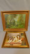 Two framed oil paintings, one in the style of Otto Eerelman (1839-1926)'s 'Saint Bernard puppies'