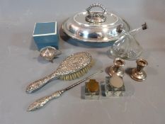 Collection of silver and silver plate including a silver warming dish with lid, two antique cut