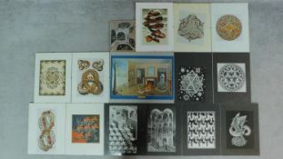 Fifteen prints of Escher drawings in clip frames. 41x31cm