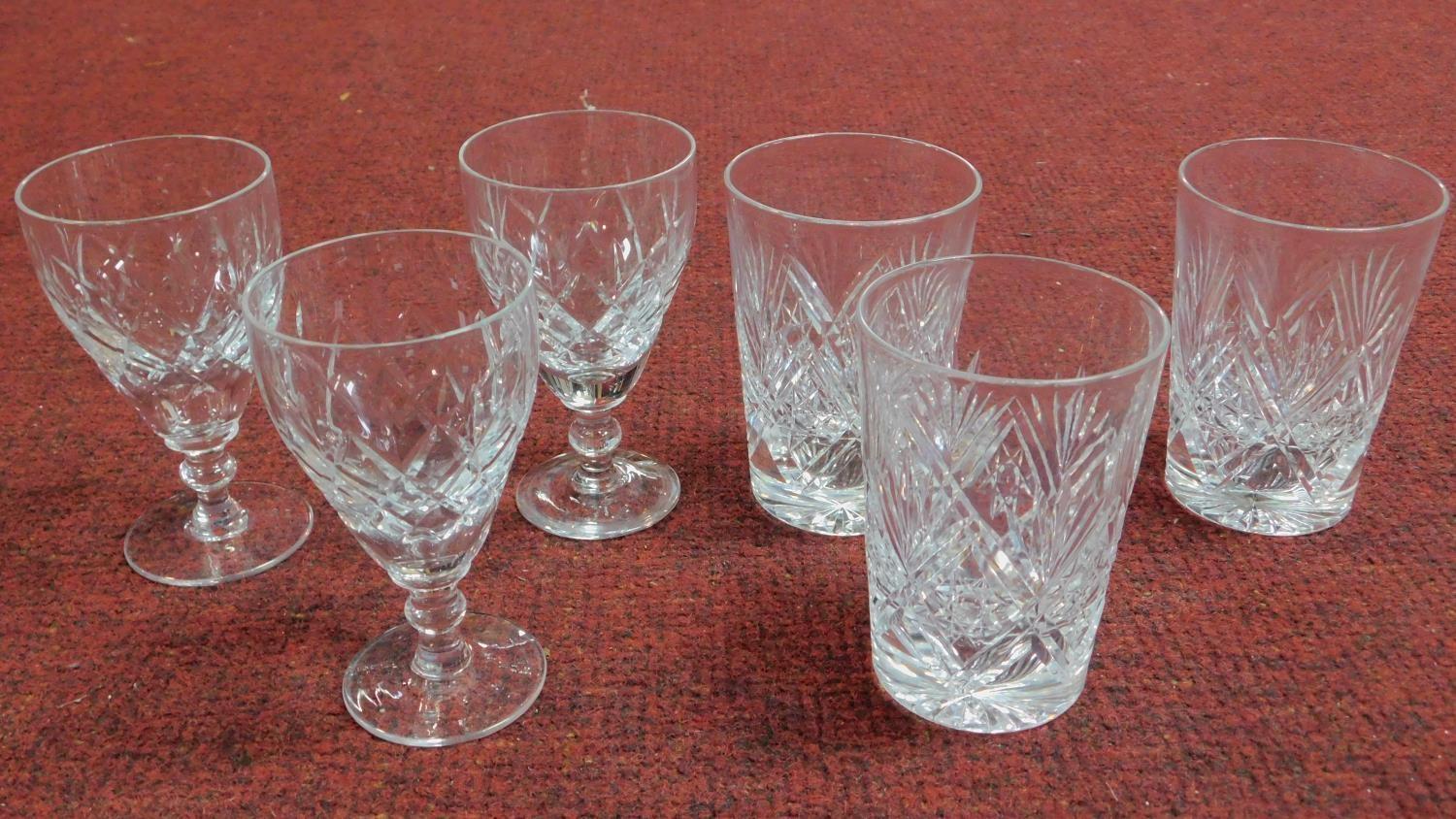 A set of six hand cut crystal glasses by Webb. Three port glasses and three whisky glasses. H.12.5cm