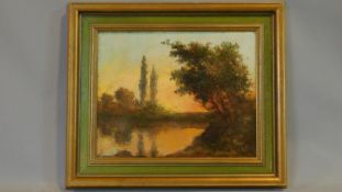 An oil on canvas depicting a view of a lake. In the style Vicinity Willem Roelofs (1822-1897).