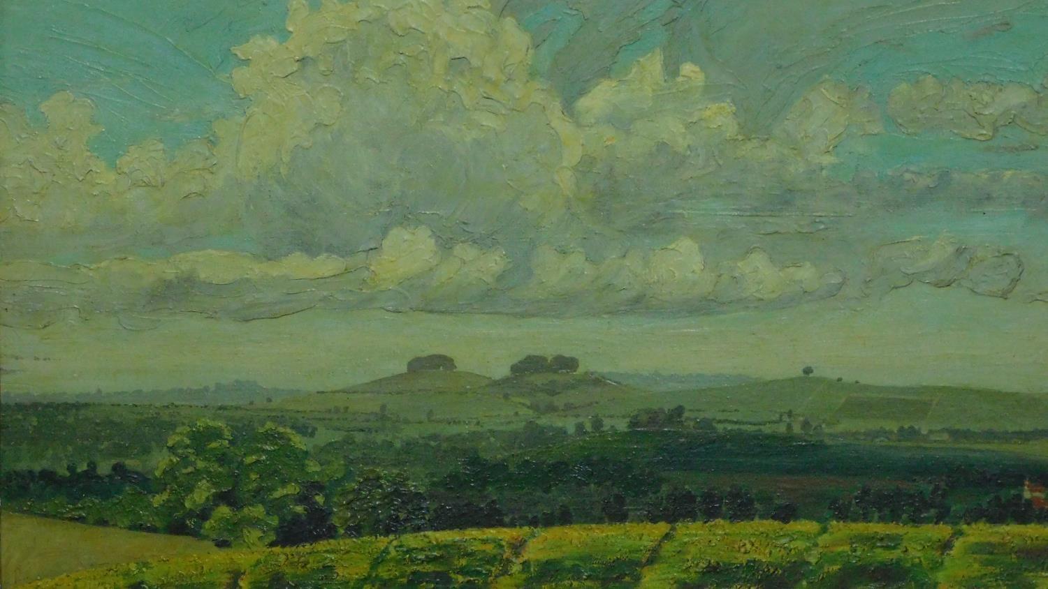 A gilt framed oil on canvas, rolling country landscape, artists label verso. 55x75cm - Image 2 of 6