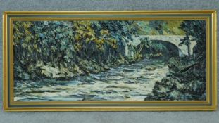 An impasto landscape on board of a bridge over a river, signed Jean Twede. 116x55cm