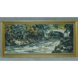 An impasto landscape on board of a bridge over a river, signed Jean Twede. 116x55cm