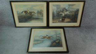 Three antique coloured lithographs of horse racing scenes. 51x65cm