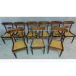 A set of nine Regency rosewood dining chairs with carved bar backs and splats, caned seats on reeded