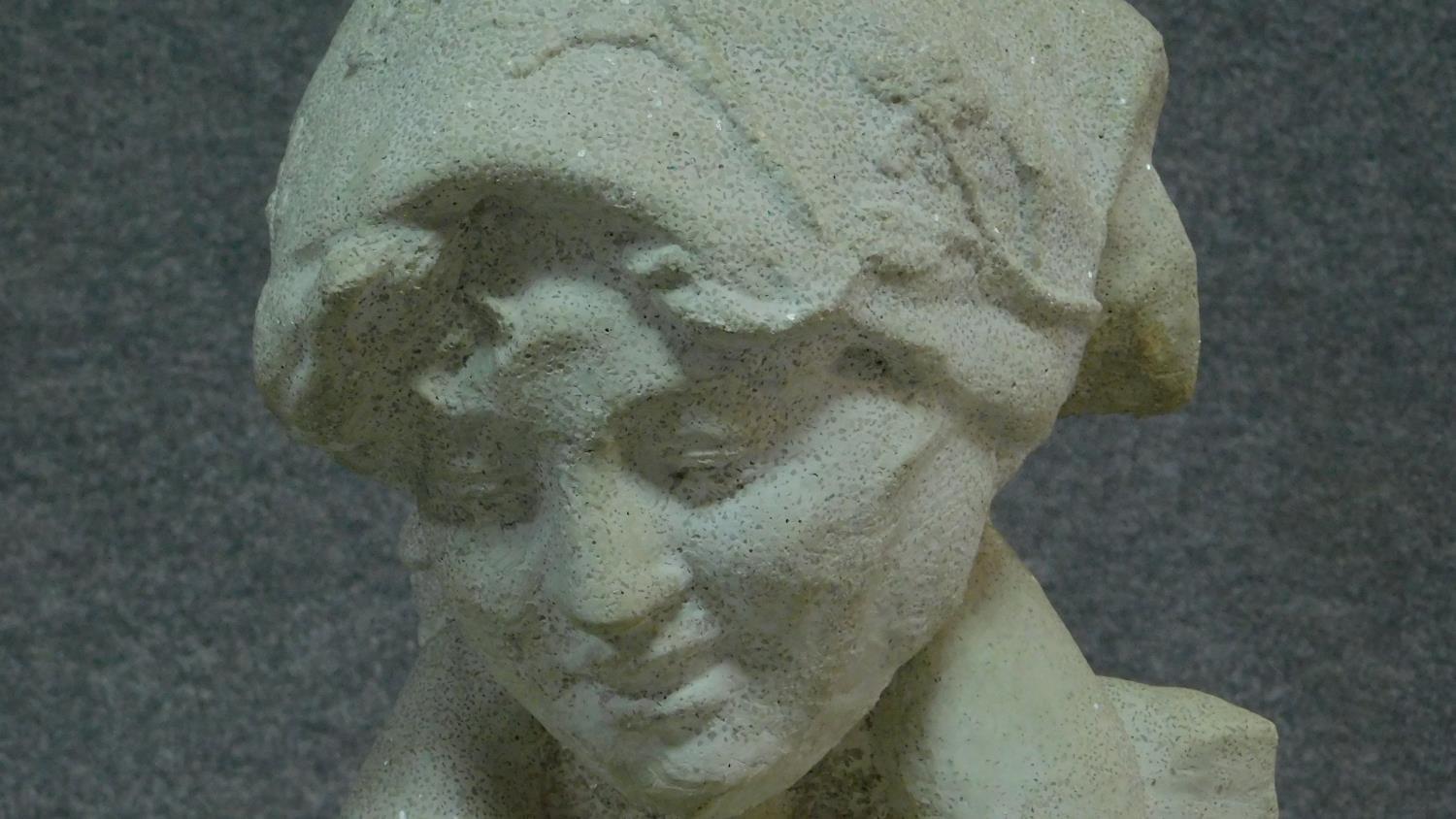 A stone bust of mother and child, the mother is looking down at her son who has his arms around - Image 3 of 5