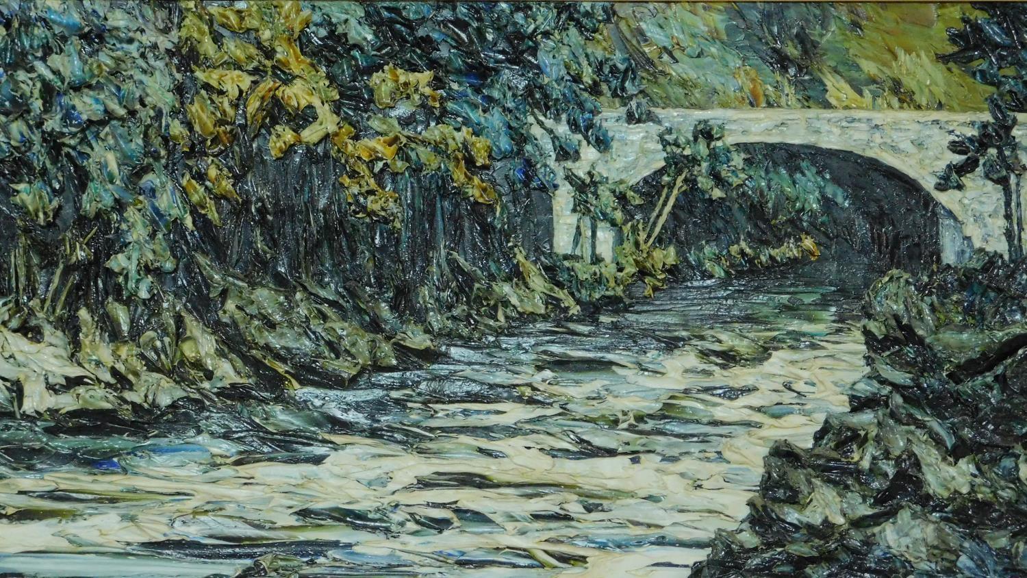 An impasto landscape on board of a bridge over a river, signed Jean Twede. 116x55cm - Image 2 of 4