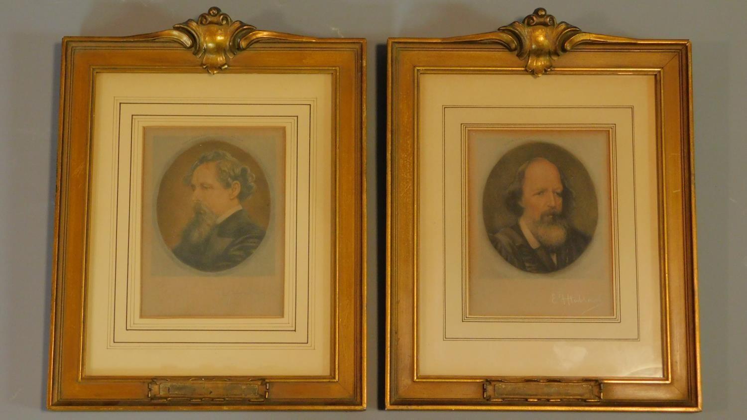 Two signed prints by E. F. Hubbard, one of Charles Dickens the other of Alfred Tennyson. 31x24cm