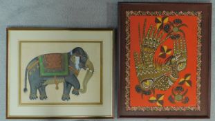 A batik of a stylized bird, signed VIPOLA and a painting on silk of an elephant with gilded details.