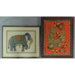 A batik of a stylized bird, signed VIPOLA and a painting on silk of an elephant with gilded details.