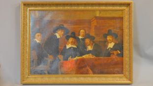 A framed oil on canvas after Rembrandt Van Rijn (1606-1669)'s 'De Staalmeesters'. unsigned. 78x106cm
