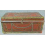 A 19th century brass bound and studded twin handled chest with allover painted decoration. H.40 W.90
