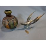 A painted Indian vase and carved horn bird. Horn Bird stamped Depose, made in France. Vase painted