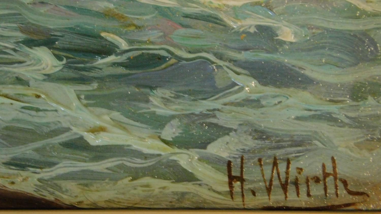 A gilt framed oil on board, seascape, signed H Wirth, inscription verso. 34x42cm - Image 3 of 5