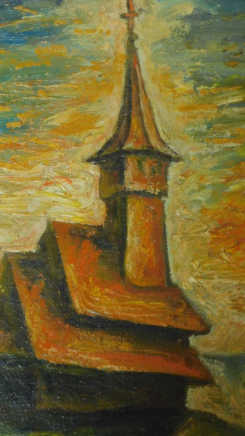 A framed oil on board, continental church. 39x34cm - Image 2 of 3