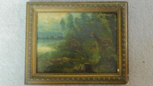 A 19th century gilt framed oil on panel, deer and foxes. 29x23.5cm