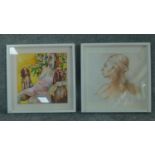 Two framed watercolours of a lady in a headscarf and a lady sitting in an armchair with a dog. H.