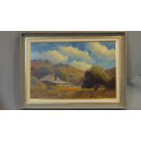 An oil on board, depicting a view of a farm, titled 'Melody of Poppies'. By Mark Geller, signed to